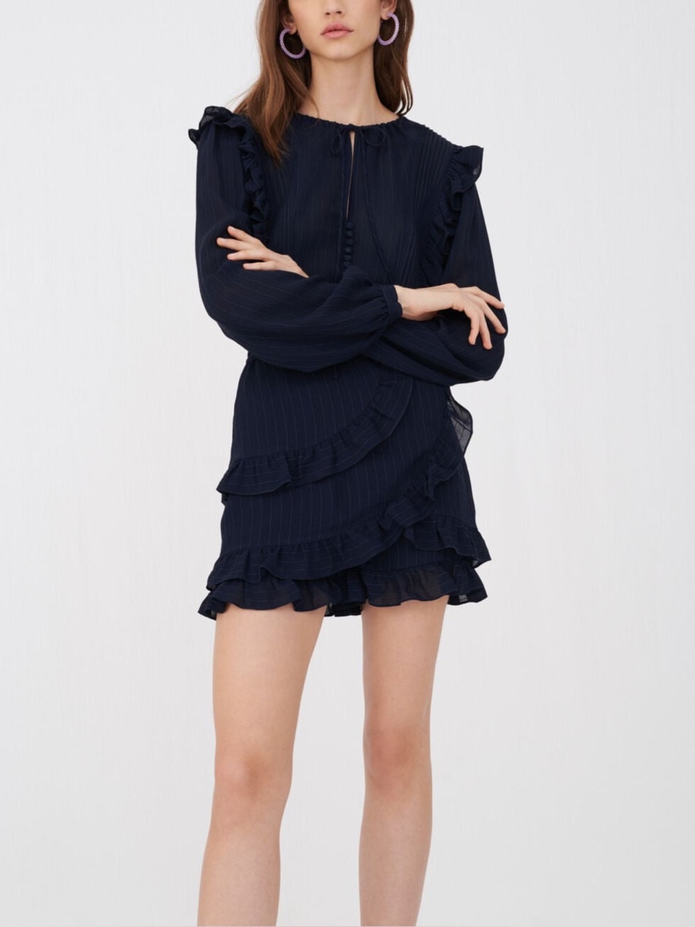 Maje Navy Pinstriped Ruffled Romper Playsuit